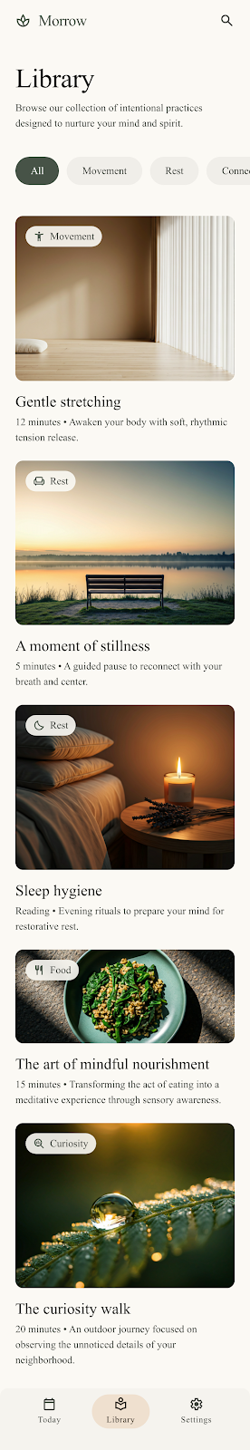 Morrow Library screen with browseable calm options.