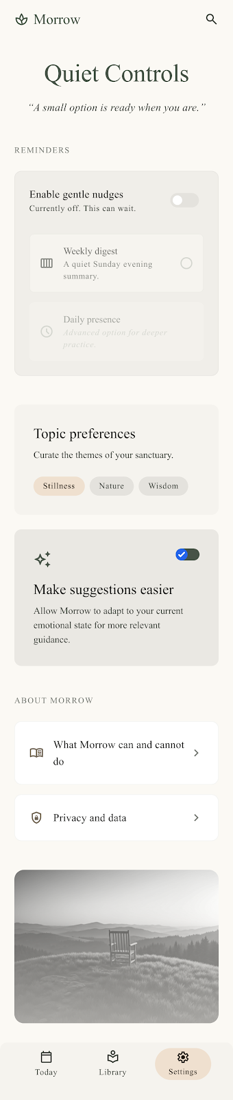 Morrow Settings screen with quiet controls.