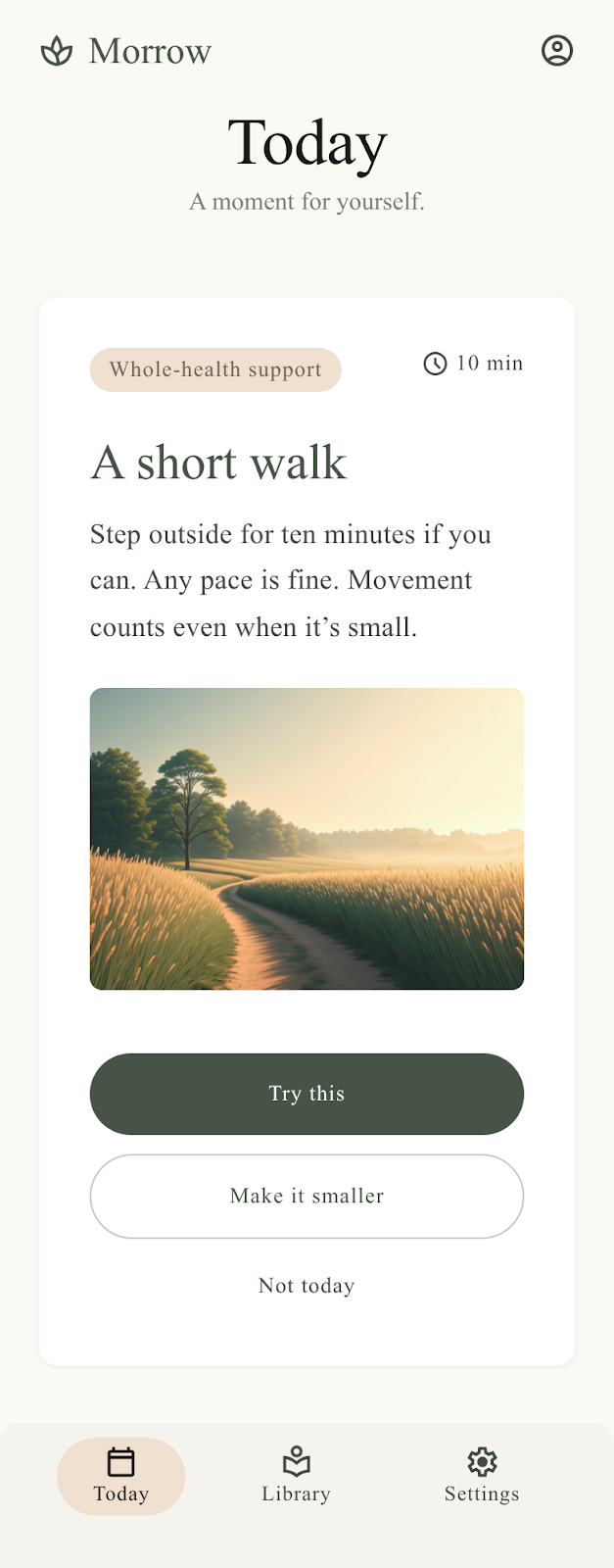 Morrow Today screen showing one small action card.